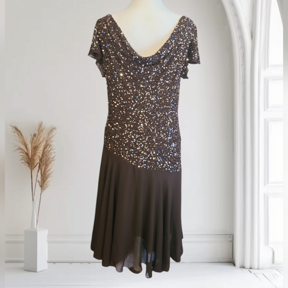 NWT J Kara Brown Sequin Embellished Midi Party Dress - Picture 2 of 5